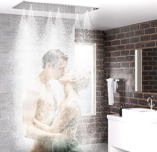 Dual Functions Luxury High Pressure Rain Shower Head, 16"x32" Large Ceiling Full Body Shower Head with Silicone Nozzles Rectangle Mist Showerhead, Modern Chrome Finish