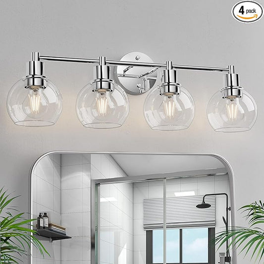 Espird 4 Lights Bathroom Vanity Light Fixtures Chrome, Bathroom Lights Over Mirror, Industrial and Farmhouse 4 Lights Wall Sconce, Polished Chrome Globe Vanity Lighting Fixtures