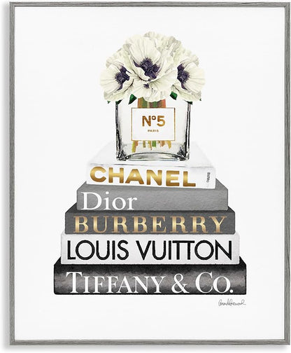 Stupell Industries Blooming White Floral Display on Glam Designer Bookstack Wall Art, 11 x 14, Gray Framed | Stupell Industries | Gray, 11 x 14 Inches, Easy to Hang and Sturdy, Made in USA, by Amanda Greenwood