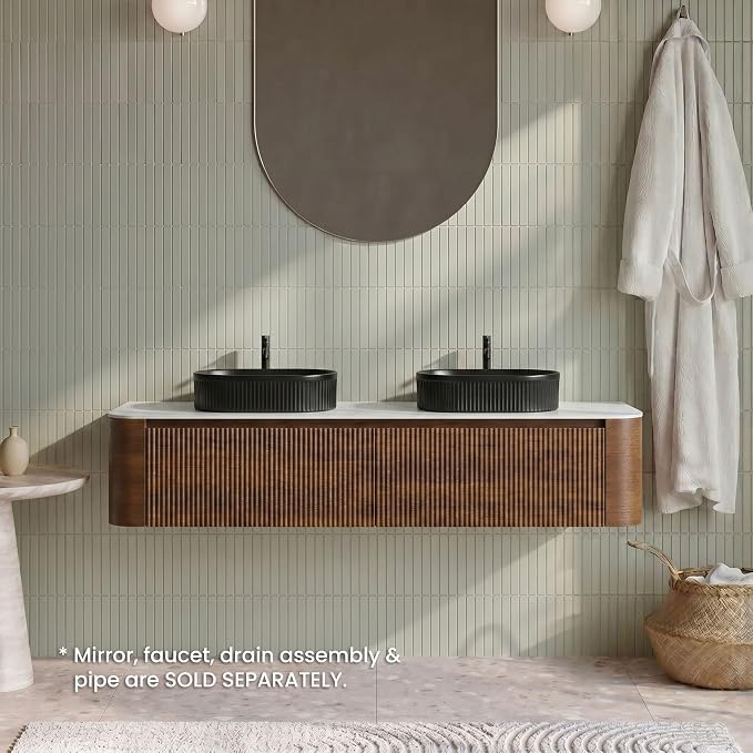 72" Preassembled Double Floating Bathroom Vanity with Black Sink, Walnut | Mid-Century Modern Style, Fluted & Soft-Close Drawer with U-shaped Wall, Sinterted Stone Countertop, Towel Rack Included