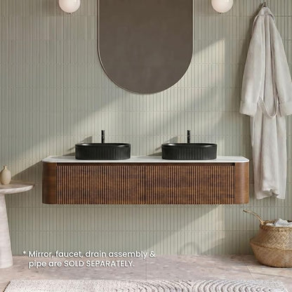 72" Preassembled Double Floating Bathroom Vanity with Black Sink, Walnut | Mid-Century Modern Style, Fluted & Soft-Close Drawer with U-shaped Wall, Sinterted Stone Countertop, Towel Rack Included
