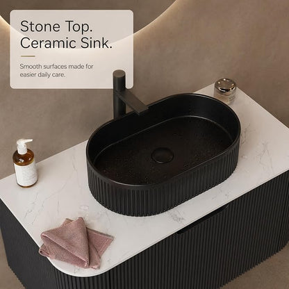 36 Inch Bathroom Vanity with Sink, Floating Wall Mounted Single Sink Vanity, Black Curved Fluted Front, Stone Top, Black Textured Oval Vessel Basin, Pre-Assembled