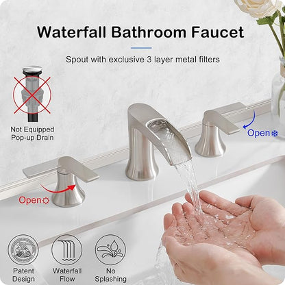 Brushed Nickel Waterfall Bathroom Faucet 3 Hole, 8-16 Inch Widespread 2 Handle Faucets for Bathroom Sinks Vanity Lavatory Sanitary Modern Restroom, Brass Material, NO Pop-up Drain