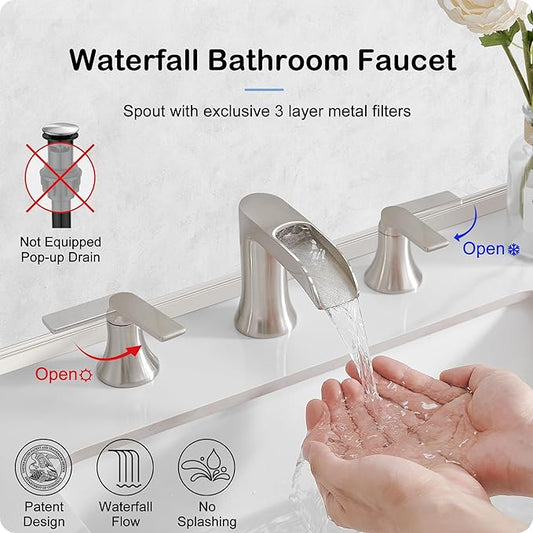 Brushed Nickel Waterfall Bathroom Faucet 3 Hole, 8-16 Inch Widespread 2 Handle Faucets for Bathroom Sinks Vanity Lavatory Sanitary Modern Restroom, Brass Material, NO Pop-up Drain