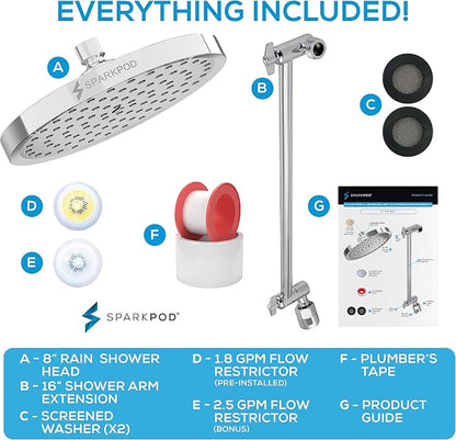 SparkPod 8" Round Rain Shower Head with 16" Shower Arm | Shower Head & Extension Arm Combo, Height Adjustable, High Pressure Performance, Easy 1-Minute Installation, Polished Chrome