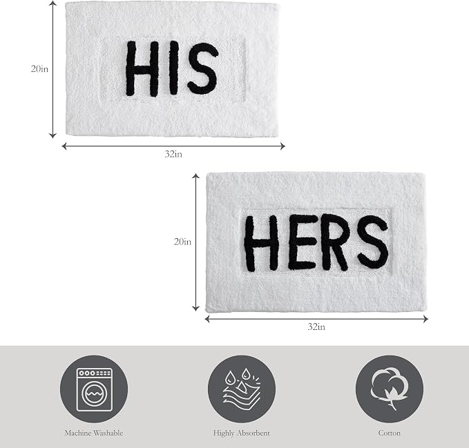 Cotton 2-Piece Bath Rug Set - Soft Cotton Bath Mat - Bathroom Decor - Water Absorbent and Machine Washable - Measures 20"x32" - His & Hers - White