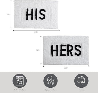 Cotton 2-Piece Bath Rug Set - Soft Cotton Bath Mat - Bathroom Decor - Water Absorbent and Machine Washable - Measures 20"x32" - His & Hers - White