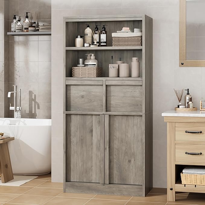 GAOMON 51" Tall Bathroom Storage Cabinet, Floor Cabinet with Doors & 2 Drawers, Organizer Cabinet Freestanding for Bathroom, Living Room, Kitchen & Pantry, Grey