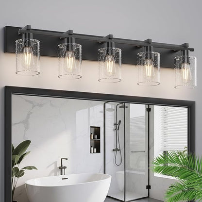 5-Light 37inch Black Vanity Light, Thickened Seeded Glass Shade | Over Mirror for Bathroom, Rust Resistant, E26 Base, Easy Install, Removable Glass Shade Horizontal Mount, Dimmable