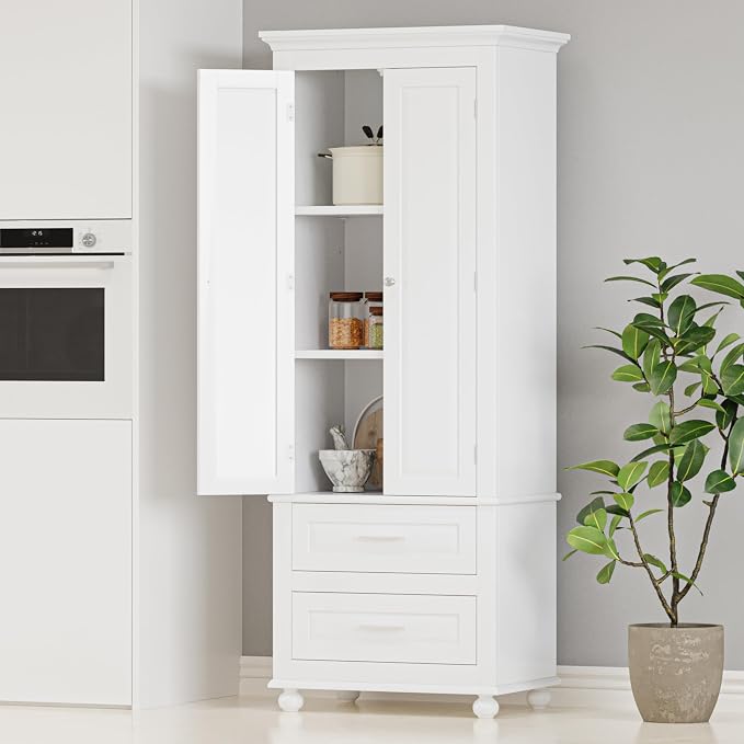 Merax 62.5" Pantry Cabinet with Two Doors & Two Drawers, Adjustable Shelves Storage Cupboard for Kitchen/Dining Room/Bathroom, White