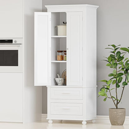 Merax 62.5" Pantry Cabinet with Two Doors & Two Drawers, Adjustable Shelves Storage Cupboard for Kitchen/Dining Room/Bathroom, White