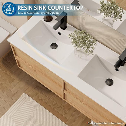 eclife 48" Floating Bathroom Vanity Sink Combo, Wall Mounted Modern Minimalist Storage Cabinet with 4 Drawers, Include Sink, Faucet & Drain, Natural