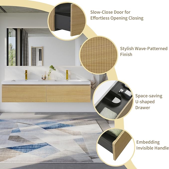 72'' Floating Bathroom Vanity with Sink Combo, Modern Wall-Mounted Striped Bathroom Storage Cabinet with Soft-Close Drawer and Double Glossy White Solid Surface Basins, Natural Oak