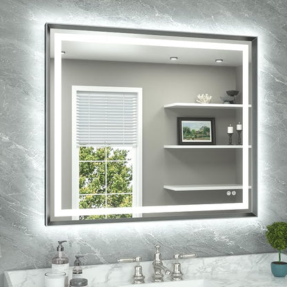 42 x 36 Bathroom LED Mirror Brushed Gunmetal Gray/Off‑Black Metal Frame Frontlit & Backlit Vanity Mirror Anti-Fog Stepless Dimmable 3 Colors White/Warm/Natural Mirror with Lights Wall-Mounted
