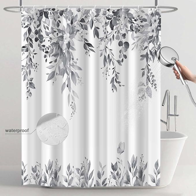 Grey Floral Eucalyptus Shower Curtain with Hooks, 72x72 Inch | Waterproof Fabric, Watercolor Leaves and Floral, Botanical Style, Machine Washable, Quick-Drying, for Hotel Bathroom