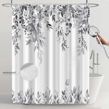 Grey Floral Eucalyptus Shower Curtain with Hooks, 72x72 Inch | Waterproof Fabric, Watercolor Leaves and Floral, Botanical Style, Machine Washable, Quick-Drying, for Hotel Bathroom