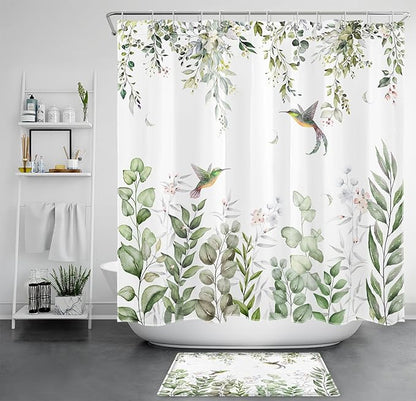 HVEST Sage Green Plant Shower Curtain and Bathroom Rugs, Eucalyptus Leaves with Floral and Hummingbird on White Shower Curtain with Bath Mat, 70X70 inches Green Botanical Shower Curtain Set