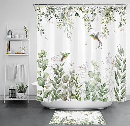 HVEST Sage Green Plant Shower Curtain and Bathroom Rugs, Eucalyptus Leaves with Floral and Hummingbird on White Shower Curtain with Bath Mat, 70X70 inches Green Botanical Shower Curtain Set