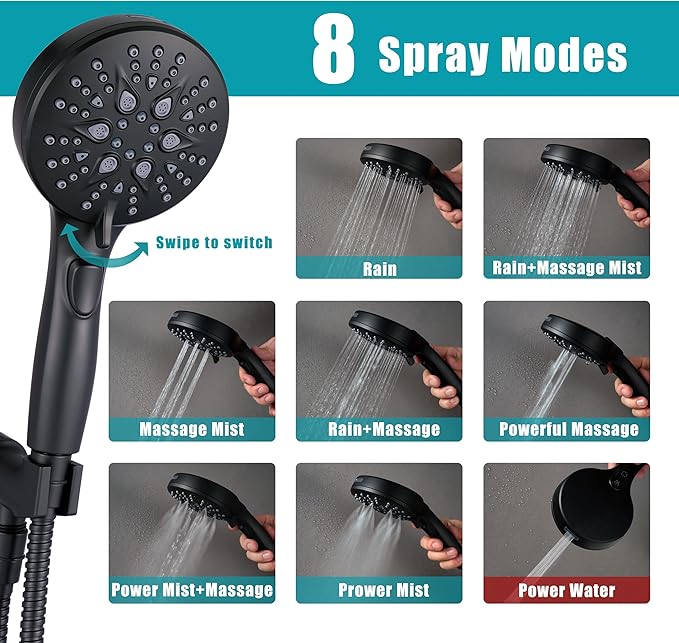GwernKB Handheld Shower Head with ON OFF Switch & 79in Stainless Steel Hose | Built-in Power Spray,7-Setting High Pressure Spray with Bracket & Extra No Drilling Wall Shower Holder for Lower Mount,Black