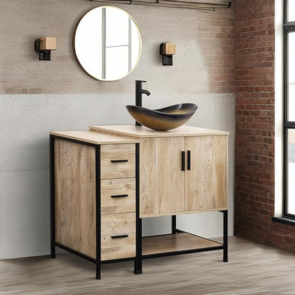 UEV 42" Rustic Oak Bathroom Vanity with Sink Combo,Industrial Iron Frame Bathroom Cabinet Sets with 3 Drawers Side Cabinet,Modern Champagne Boat Tempered Glass Vessel Sink(029CH)