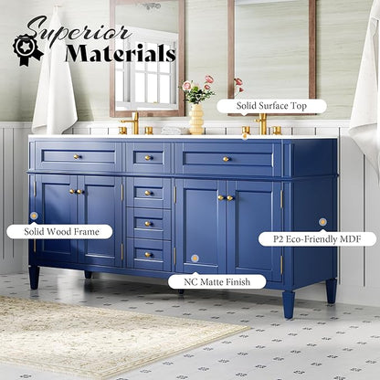 AMERLIFE 60" Bathroom Vanity with Double Sink, Modern Solid Wood Vanity Cabinet, 30-Minute Easy Assembly, 3 Storage Drawers & Adjustable Shelves, Navy Blue