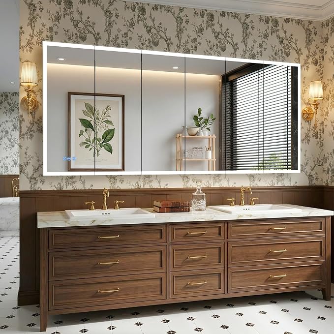 96x40" Extra-Wide LED Medicine Cabinet w/ Mirror, 5-Door Anti-Fog, Bathroom | Smart Touch, 3-Color Dimming, 10-Level Brightness, 5-Door Storage, Adjustable Shelves, DTC Soft-Close, 96" Double Vanity