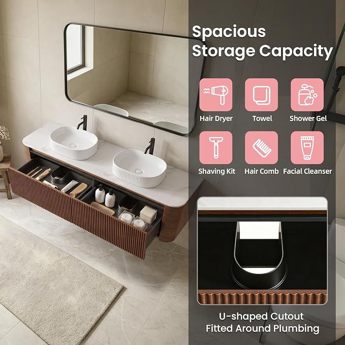 72" Floating Bathroom Vanity with Double White Sink, Walnut | Pre-Assembled Fluted Wall Mounted Vanity with Sintered Stone Countertop, Rounded Edges, Soft-Close Drawers & Towel Rack