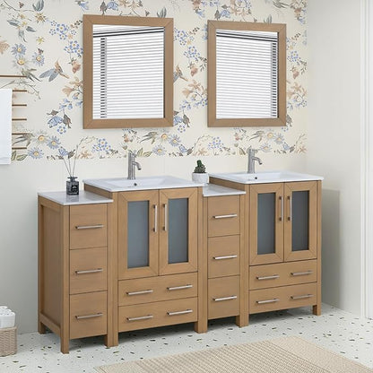 HOMEBEYOND 72 Inch Modern Bathroom Vanity with Sink & Mirror, Double Sink Vanity Cabinet with Basin and Mirror, Dove-Tailed Drawers, Soft-Closing Doors, Wood, Natural Oak