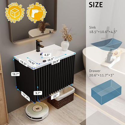 eclife 30" Floating Bathroom Vanity with Sink Combo, Modern Wall Mounted Cabinet with 2 Fluted Drawers, Undermount Sink, Faucet, Drain, Black
