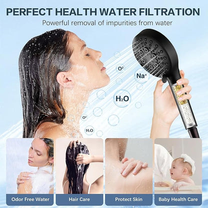 BRIGHT SHOWERS Filtered Shower Head with Handheld, High Pressure 9 Spray Mode Showerhead with Long Hose and Bracket, Water Softener Filters Beads for Hard Water - Removes Chlorine, Matte Black