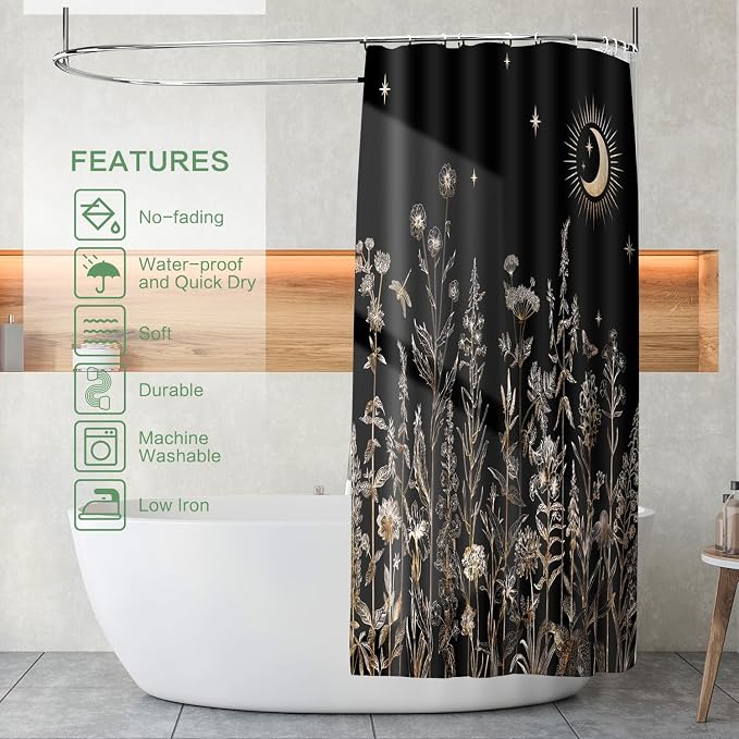 Shower Curtain Black Floral, Vintage Botanical Flowers Shower Curtain for Bathroom with Hooks, Polyester Waterproof shower curtain Machine Washable Farmhouse Home Decor Bath Curtain 72x72 Inch