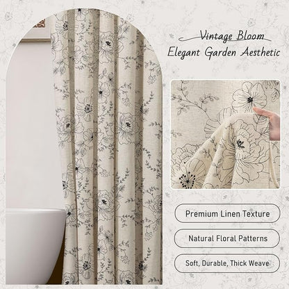 Farmhouse Floral Linen Shower Curtain, Vintage Black Embroidered Pattern Rustic Shower Curtains for Bathroom, Tan Taupe,72x72