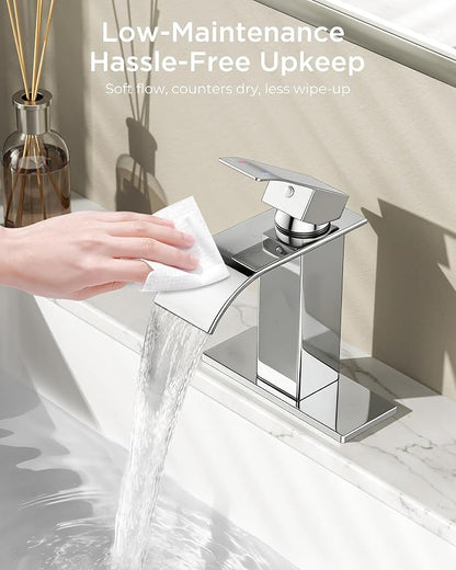 FORIOUS Bathroom Faucet 1 Hole, Waterfall Vanity Sink Faucet Chrome | Bathroom Sink Faucet 1 or 3 Hole, Square Single Handle with 24" cUPC Supply Line and Pop-up Drain, Fits RV Restroom Basin