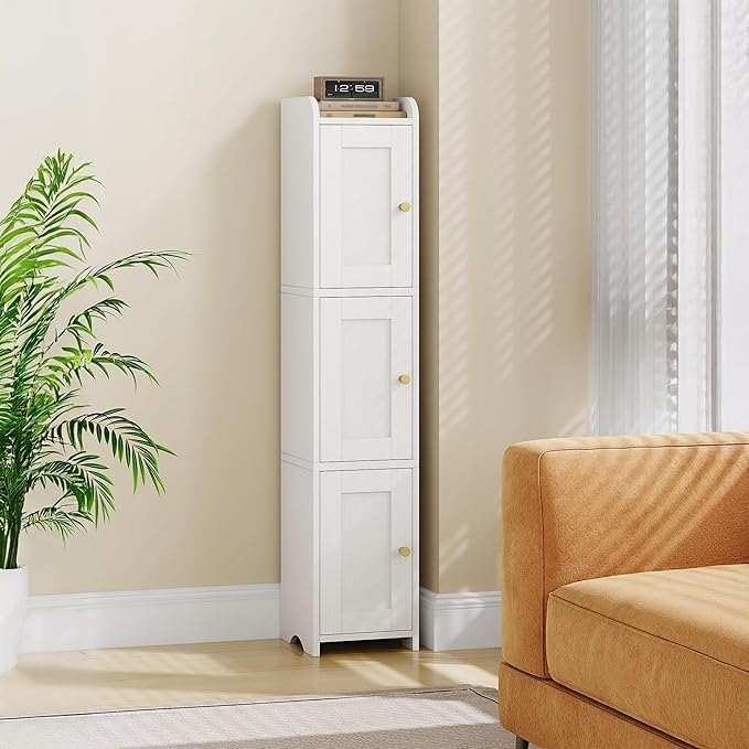 Slim Bathroom Storage Cabinet, Narrow Cabinet with 3 Doors, Small Bathroom Organizers and Storage, Laundry Room Organization for Small Space, Kitchen, Living Room, White 022313X