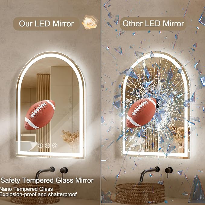 Arched Led Bathroom Mirror with Lights 20"x30", Anti-Fog,LED Mirrors with Light, Anti-Fog, Dimmable, 3 Color, Shatterproof, Touch Sensor