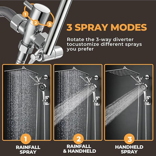 Shower Head,10”Rain Shower Head with Handheld Spray Combo with 11'' Angle Adjustable Extension Arm/Flow Regulator/Shower System,High Pressure Rainfall Shower Head Clean Bathroom,Matt Black