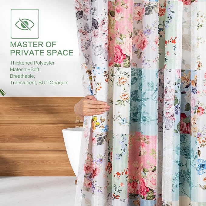 Boho Shower Curtain Patchwork Floral, Vintage Flowers Shower Curtain for Bathroom, Retro Shabby Chic Cottagecore Floral Shower Curtains Polyester Waterproof Farmhouse Decor Bath Curtains