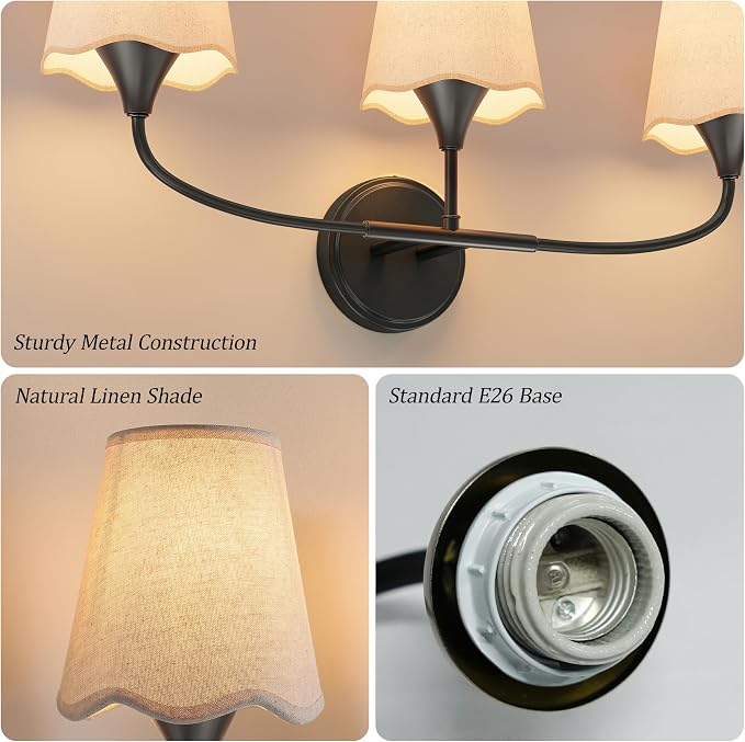 Morauroral Bathroom Light Fixtures Over Mirror, 3 Light Vanity Light for Bathroom, Black Vanity Light Fixtures with Fabric Linen Shade, E26 Socket Sconce Wall Decor(ETL Listed)