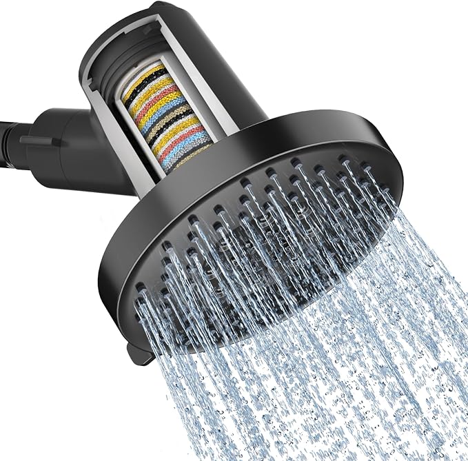SR SUN RISE Filtered Shower Head with Filters,High Pressure Rain Shower Head,20-Stage Shower Filter,1.8/2.5 GPM Flow Rate,6 Spray Modes for Hard Water Softener,Remove Chlorine (Black,5.5 Inch)