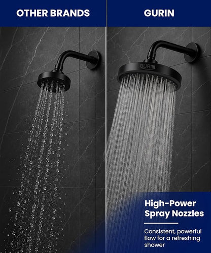 GURIN Shower Head - Luxury Matte Black Finish - Rain Showerhead 6 Inch | High Pressure Shower Heads with Adjustable Angles, 90 Anti-Clog Nozzles, Tool-Free 1-Min Install