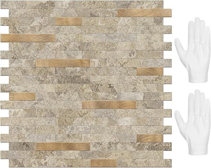 STICKGOO Peel and Stick Backsplash Tile, Stick on Backsplash for Kitchen and Bathroom, Stone Beige Marble Look PVC Mixed Metal Gold Self Adhesive Wall Tiles(10 Sheets)