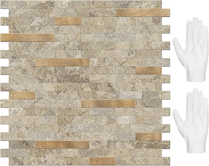 STICKGOO Peel and Stick Backsplash Tile, Stick on Backsplash for Kitchen and Bathroom, Stone Beige Marble Look PVC Mixed Metal Gold Self Adhesive Wall Tiles(10 Sheets)