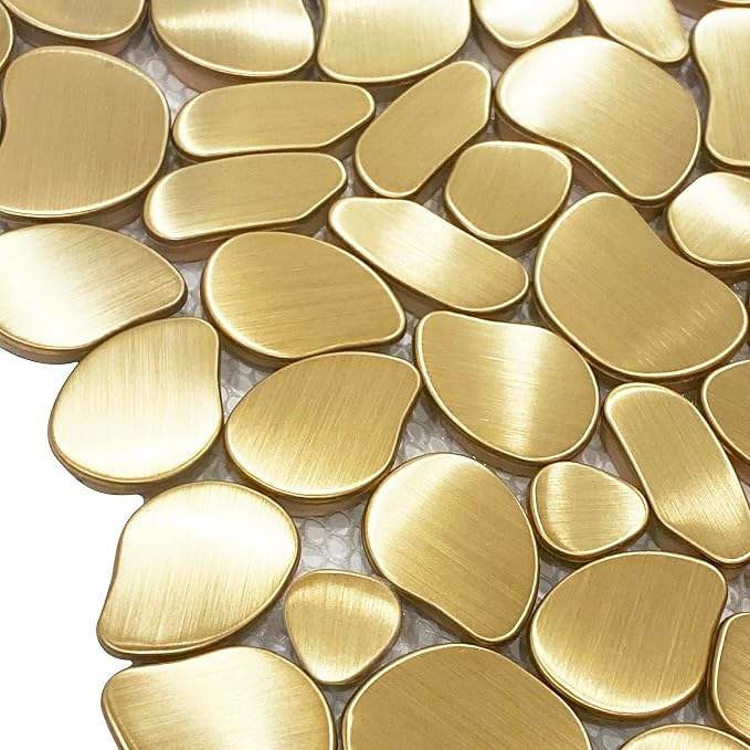 Golden Metal Pebble Mosaic Tiles, 5 Sheets Stainless Steel Backsplash Mesh Mounted, 12×12 Inches Waterproof Metal Tile, Gold Wall Tiles for Kitchen Bathroom Backsplash Shower Stove Backsplash