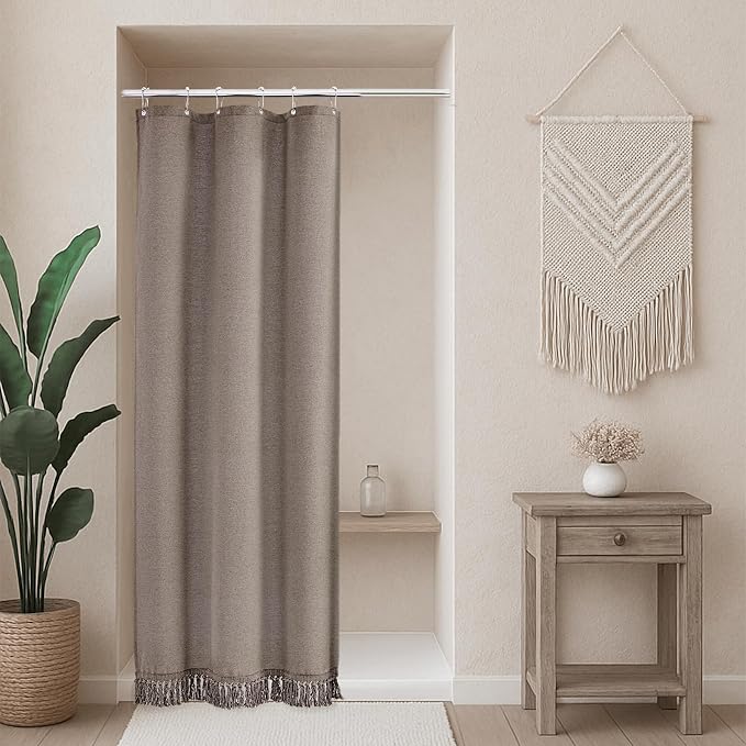Linen Shower Curtain Boho Taupe Shower Curtain with Tassels 36"W x 72"L | Thick linen-poly blend, soft textured drape, handcrafted fringe, neutral rustic farmhouse bathroom decor