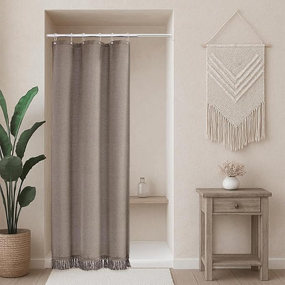 Linen Shower Curtain Boho Taupe Shower Curtain with Tassels 36"W x 72"L | Thick linen-poly blend, soft textured drape, handcrafted fringe, neutral rustic farmhouse bathroom decor