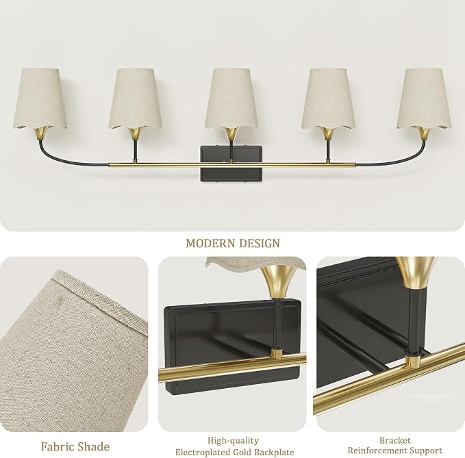 Morauroral Bathroom Light Fixtures Over Mirror, 5 Light Vanity Light for Bathroom, Black Gold Vanity Light Fixtures with Fabric Linen Shade, E26 Socket Sconce Wall Decor(ETL Listed)