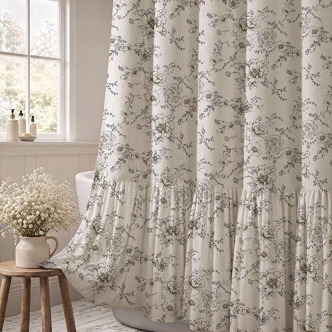 Floral Farmhouse Shower Curtain with Ruffle Hem for Bathroom | Vintage Classy Country Style, Rustic Natural Linen Blend Fabric, 72" x 72"