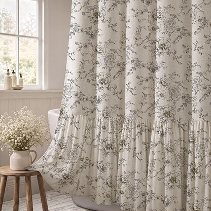 Floral Farmhouse Shower Curtain with Ruffle Hem for Bathroom | Vintage Classy Country Style, Rustic Natural Linen Blend Fabric, 72" x 72"