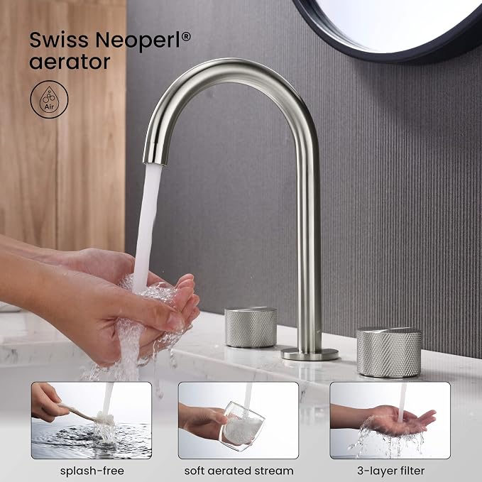 2-Handle 8" Widespread Bathroom Sink Faucet with Drain Assembly, Solid Brass 3-Hole Lavatory Faucet | Circular X Design | Corrosion-Resistant with Smooth Water Flow (Brushed Nickel, KBF1026)