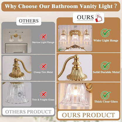 Brushed Gold 3-Light Bathroom Vanity Light, Crystal Glass Shade | Vintage Look, Antique Gold Finish, Solid Metal Frame, Wall Mount Lighting Fixtures Over Mirror, for Bathroom Restroom